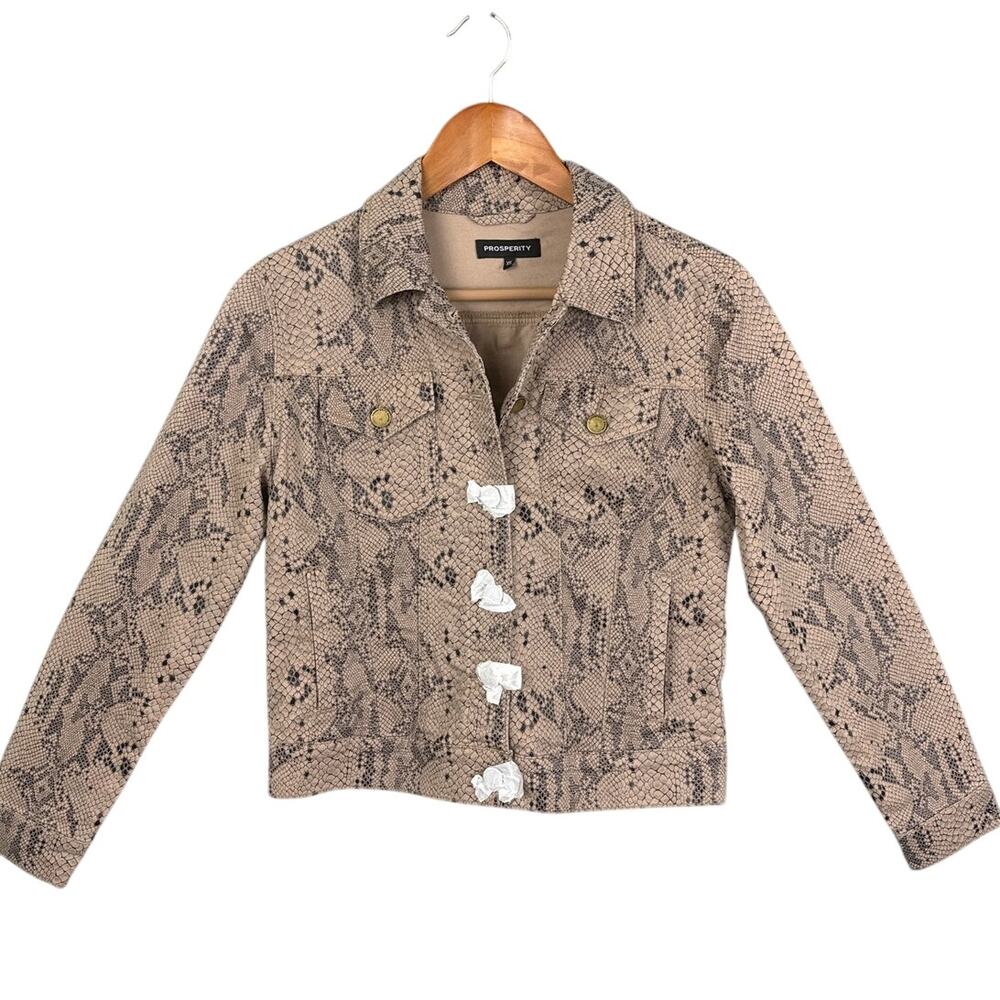 Snakeskin Print Denim Jacket Taupe Black SZ XS NWOT Layering Spring Jackets